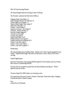 May 20 Social meeting Minutes The Grand Knight called the meeting to order at 8:00 pm The Recorder conducted the Roll Call of Officers Chaplain Father John Dillon - E Assoc Chaplain Deacon Jim Datovech- E Grand Knight La