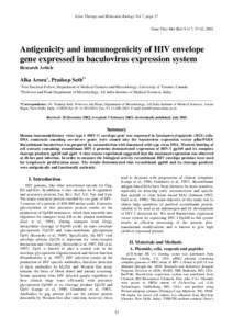 Gene Therapy and Molecular Biology Vol 7, page 37 Gene Ther Mol Biol Vol 7, 37-42, 2003 Antigenicity and immunogenicity of HIV envelope gene expressed in baculovirus expression system Research Article