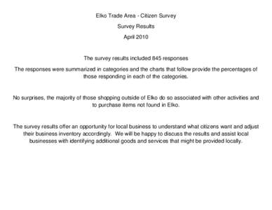 Elko Trade Area - Citizen Survey Survey Results April 2010 The survey results included 845 responses The responses were summarized in categories and the charts that follow provide the percentages of