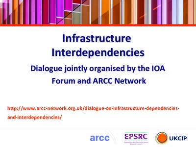 Infrastructure	
   Interdependencies	
   Dialogue	
  jointly	
  organised	
  by	
  the	
  IOA	
   Forum	
  and	
  ARCC	
  Network	
   h@p://www.arcc-­‐network.org.uk/dialogue-­‐on-­‐infrastructure-­