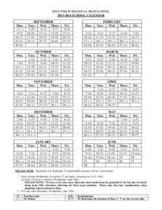 KING PHILIP REGIONAL HIGH SCHOOL[removed]SCHOOL CALENDAR SEPTEMBER FEBRUARY