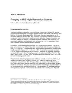 April 23, 2001 DRAFT  Fringing in IRS High Resolution Spectra P. Morris, SSC – (modified and shortened by B. Brandl)  Fringing properties overview
