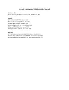 IU EAST 9, MIAMI UNIVERSITY MIDDLETOWN 0 October 2, 2014 Miami University Middletown Tennis Courts, Middletown, Ohio SINGLES 1. Ty Butler (IUE) def. Mike Dreher[removed]Connor Kramer (IUE) def. Alex Glock 10-1