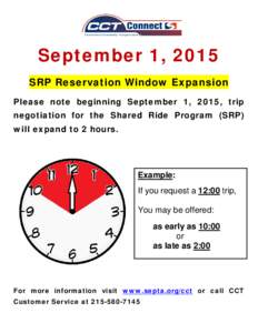 September 1, 2015 SRP Reservation Window Expansion Please note beginning September 1, 2015, trip negotiation for the Shared Ride Program (SRP) will expand to 2 hours.