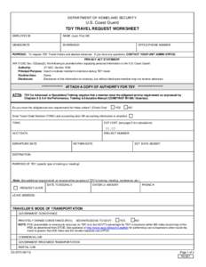DEPARTMENT OF HOMELAND SECURITY  U.S. Coast Guard TDY TRAVEL REQUEST WORKSHEET EMPLOYEE ID