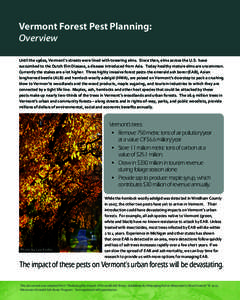 Vermont Forest Pest Planning: Overview Until the 1960s, Vermont’s streets were lined with towering elms. Since then, elms across the U.S. have succumbed to the Dutch Elm Disease, a disease introduced from Asia. Today h
