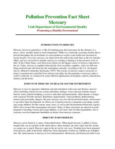 Pollution Prevention Fact Sheet Mercury Utah Department of Environmental Quality Promoting a Healthy Environment  INTRODUCTION TO MERCURY