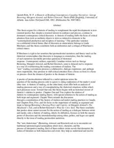 Garrett-Petts, W. F. A Rhetoric of Reading Contemporary Canadian Narratives: George Bowering, Margaret Atwood, and Robert Kroetsch. Thesis (PhD [English]), University of Alberta. Ann Arbor: ProQuest/UMI, Publicati