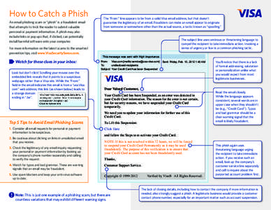 How to Catch a Phish An email phishing scam or “phish” is a fraudulent email that attempts to trick the reader to submit valuable personal or payment information. A phish may also include links or pop ups that, if cl
