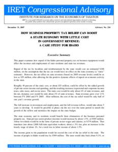 IRET Congressional Advisory INSTITUTE FOR RESEARCH ON THE ECONOMICS OF TAXATION IRET is a non-profit 501(c)(3) economic policy research and educational organization devoted to informing the public about policies that wil