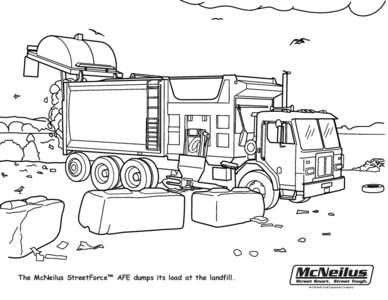 The McNeilus StreetForce™ AFE dumps its load at the landfill.  ® The reliable McNeilus Rear Loader is collecting trash on a residential route. Only one man is needed with the aid of a cart tipper.