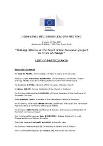 HIGH-LEVEL RELIGIOUS LEADERS MEETING Brussels, 30 May 2013 Berlaymont Building – 13th Floor Room Ortoli 