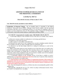 Chapter 284 of NAC  ADOPTED TEMPORARY REGULATION OF THE PERSONNEL COMMISSION LCB File No. T017-11 Filed with the Secretary of State on June 27, 2011