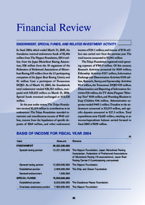 Financial Review ENDOWMENT, SPECIAL FUNDS, AND RELATED INVESTMENT ACTIVITY income of ¥34.1 million, and income of ¥176 million was carried over from the previous year. The total income amounted to ¥3,941 million. The 