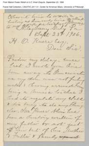 From Marion Foster Welsh to H.O. Knerr Esquire, September 23, 1906 Foster Hall Collection, CAM.FHC[removed], Center for American Music, University of Pittsburgh. From Marion Foster Welsh to H.O. Knerr Esquire, September 