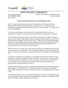 NEWS RELEASE COMMUNIQUÉ For Immediate Release 2013TRAN0092[removed]Dec. 21, 2013  Ministry of Transportation and Infrastructure