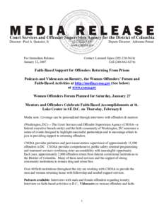 CSOSA Media Release - Faith-Based Support for Offenders Returning from Prison - January 12, 2007