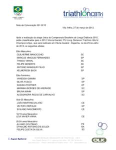 Nota de ConvocaçãoVila Velha, 27 de março deApós a realização da etapa única do Campeonato Brasileiro de Longa Distância 2012, estão classificados para o 2012 Vitoria-Gasteiz ITU Long Distance T