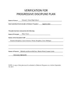 VERIFICATION FOR PROGRESSIVE DISCIPLINE PLAN Edward C. Reed High School Name of School: ______________________________________________________________ Date Submitted Electronically to Behavior Programs: _____Sept 30, 201