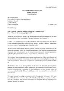 CB[removed]LETTERHEAD OF Composers and Authors Society of Hong Kong Ltd. Ms Leung Siu-kum Clerk to LegCo Panel on Trade and Industry