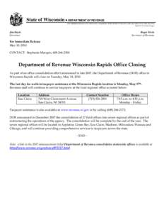 Department of Revenue Wisconsin Rapids Office Closing