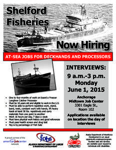 Shelford Fisheries Now Hiring AT-SEA JOBS FOR DECKHANDS AND PROCESSORS