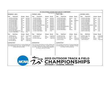2013 NCAA DIVISION I OUTDOOR TRACK AND FIELD CHAMPIONSHIP Times listed are Pacific Time Zone. THURSDAY, JUNE 6 FRIDAY, JUNE 7  WEDNESDAY, JUNE 5