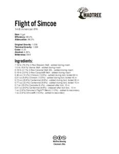 Flight of Simcoe 14-B American IPA Size: 5 gal Efficiency: 88.0% Attenuation: 86.0% Original Gravity: 1.056