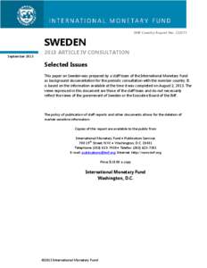 Sweden: Selected Issues; IMF Country Report[removed]; August 2, 2013