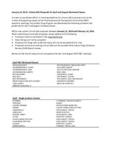 January 14, 2014: Clinical Edit Proposals for April and August Reviewed Classes In order to coordinate efforts in meeting deadlines for clinical edit proposals prior to the review of drugs/drug classes at the Pharmaceuti