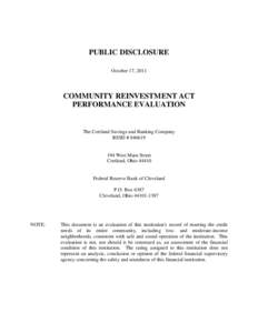 Community Reinvestment Act / Community development / United States housing bubble / Geography of the United States / Trumbull County /  Ohio / Greater Cleveland / Geauga County /  Ohio / Savings and loan association / Cortland /  Ohio / Youngstown metropolitan area / Politics of the United States / Ohio