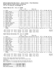 Official Basketball Box Score -- Game Totals -- Final Statistics Robert Morris vs Saint Xavier University[removed]:00 p.m. at Chicago, Ill. Robert Morris 101 • 9-5, 3-1 CCAC ##