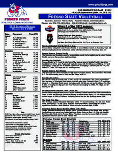 2012 Fresno State Volleyball Weekly Notes Contact: Stephen Trembley • [removed] • ([removed] •[removed]FOR IMMEDIATE RELEASE • [removed] • 4 NCAA Appearances (1984, ’91, ’98 & ’01)