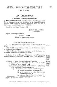 No. 27 of[removed]AN ORDINANCE To amend the Electricity Ordinance 1971. ¥ THE ADMINISTRATOR of the Government of the Commonwealth 1, of Australia, acting with the advice of the Federal Executive