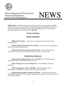 Illinois Department of Financial and Professional Regulation Division of Professional Regulation NEWS