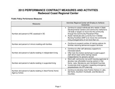 2013 PERFORMANCE CONTRACT MEASURES AND ACTIVITIES Redwood Coast Regional Center Public Policy Performance Measures Activities Regional Center will Employ to Achieve Outcomes