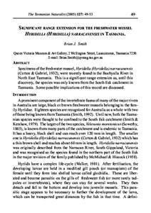 The Tasmanian Naturalist: SIGNIFICANT RANGE EXTENSION FOR THE FRESHWATER MUSSEL HYRIDELLA (HYRIDELLA) NARRACANENSIS IN TASMANIA.