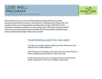 LOSE WELL PROGRAM: A HILTON HEAD HEALTH 4-WEEK PROGRAM We are excited to have you in our customized weight loss program. Based on your fitness assessment and prior level of activity you will be placed in a small group wi