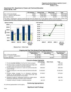 Prepared by the North Dakota Legislative Council staff for House Appropriations January 11, 2011 Department[removed]Department of Career and Technical Education House Bill No. 1019