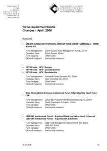 Swiss investment funds Changes - April, 2006 Authorized: •  CREDIT SUISSE INSTITUTIONAL MASTER FUND (CSIMF) UMBRELLA - CSIMF