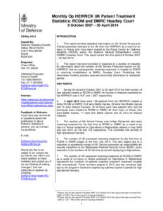 Monthly Op HERRICK UK Patient Treatment Statistics: RCDM and DMRC Headley Court 8 October 2007 – 30 April[removed]May 2014 Issued By: Defence Statistics (Health)