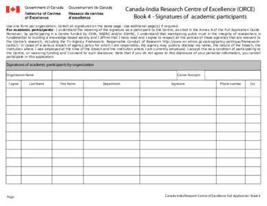 Canada-India Research Centre of Excellence (CIRCE) Book 4 - Signatures of academic participants Use one form per organization. Collect all signatures on the same page. Use additional page(s) if required. For academic par