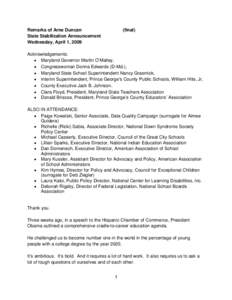 Remarks of Arne Duncan State Stabilization Announcement Wednesday, April 1, 2009 (final)