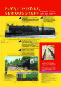 A selection of Australian railway terms you will see around the Museum Tender:A tender (or coalcar) hauled by a steam locomotive and containing the locomotive’s fuel (wood,
