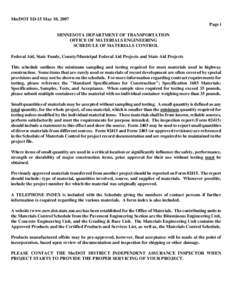 Mn/DOT SD-15 May 10, 2007 Page i MINNESOTA DEPARTMENT OF TRANSPORTATION OFFICE OF MATERIALS ENGINEERING SCHEDULE OF MATERIALS CONTROL Federal Aid, State Funds, County/Municipal Federal Aid Projects and State Aid Projects