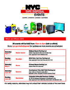 photo_tv_R1  When and Where: 2015 All events will be held from 10am to 4pm (rain or shine). Go to nyc.gov/safedisposal for updates as more events are scheduled. Midland Beach Parking Lot