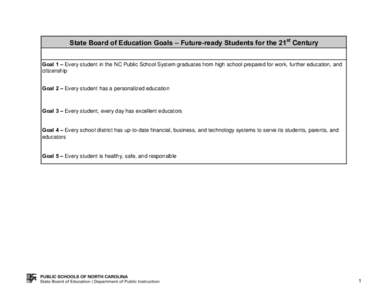 State Board of Education Goals – Future-ready Students for the 21st Century Goal 1 – Every student in the NC Public School System graduates from high school prepared for work, further education, and citizenship Goal 