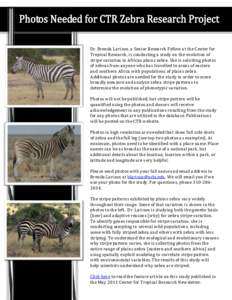 Dr. Brenda Larison, a Senior Research Fellow at the Center for Tropical Research, is conducting a study on the evolution of stripe variation in African plains zebra. She is soliciting photos of zebras from anyone who has