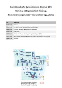 Inspirationsdag for Gymnasielærere, 29. januar 2016 Workshop på Rigshospitalet - Glostrup, Moderne forskningsmetoder i neuropsykiatri og psykologi Tid