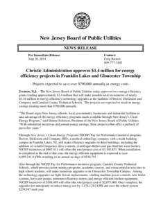 New Jersey Board of Public Utilities NEWS RELEASE For Immediate Release: Sept 30, 2014  Contact: